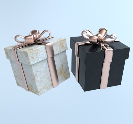 Two elegant gift boxes with ribbons on a light background.