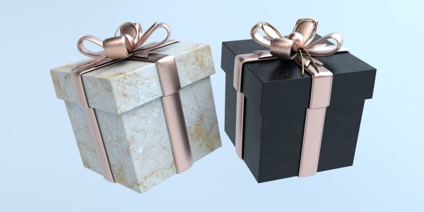 Two elegant gift boxes with ribbons on a light background.