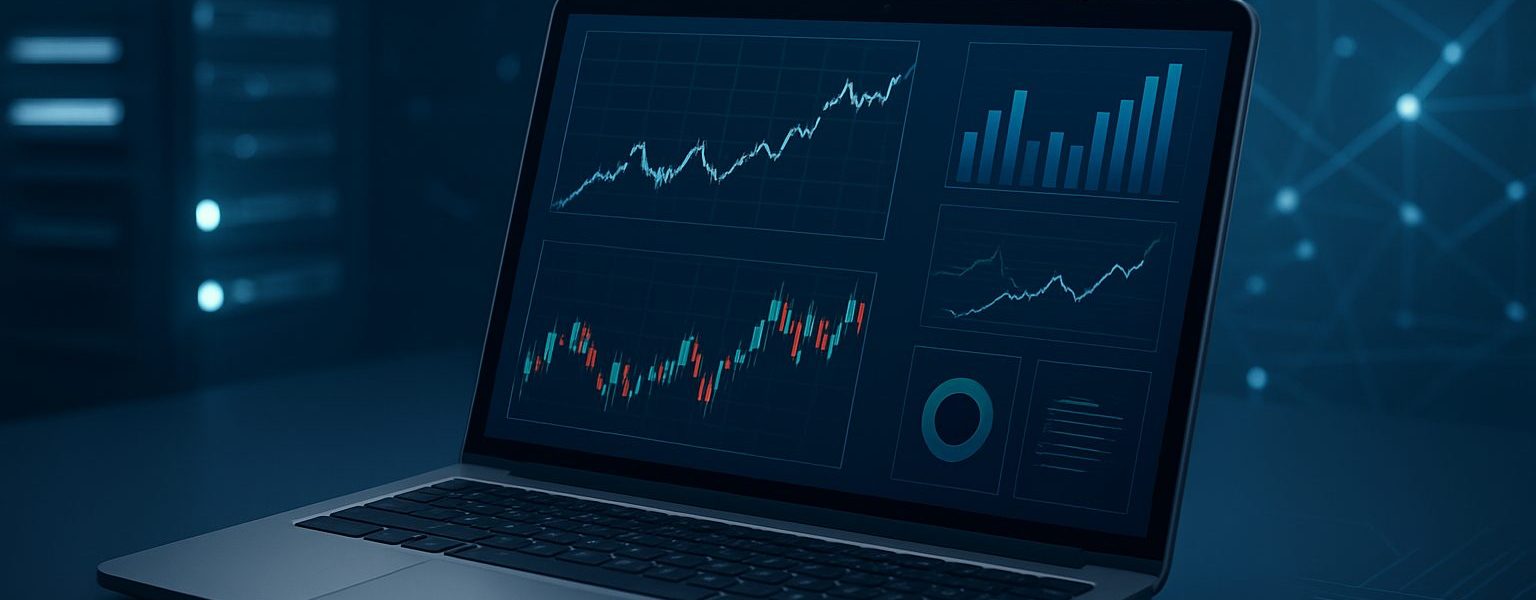 A laptop displaying stock market graphs and trading data