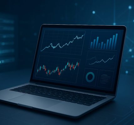 A laptop displaying stock market graphs and trading data