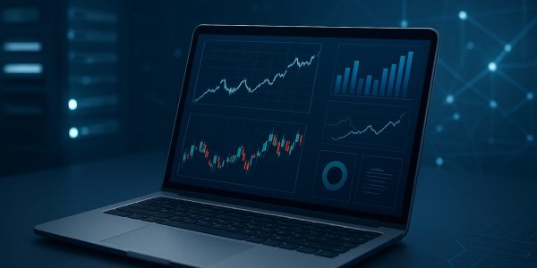 A laptop displaying stock market graphs and trading data
