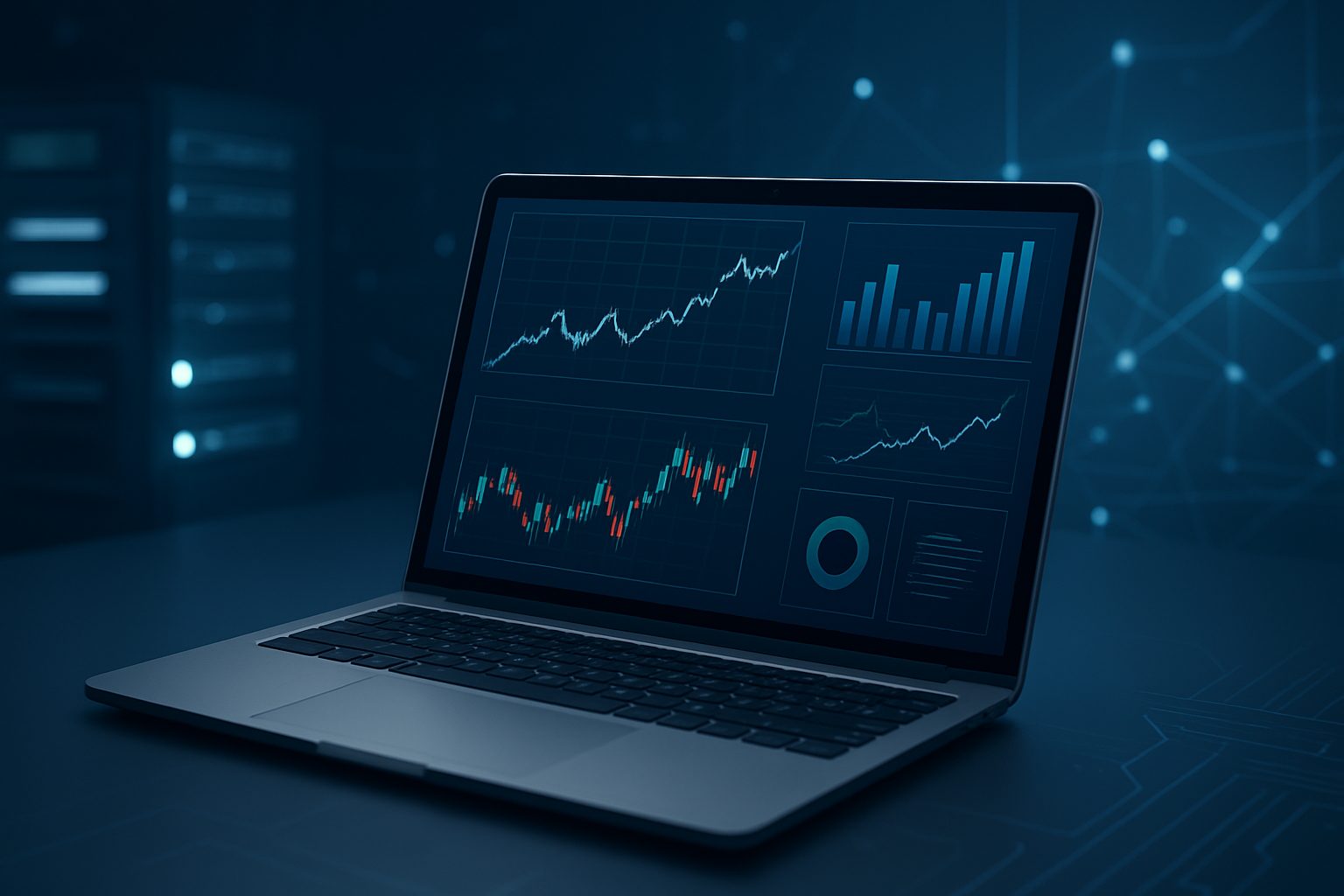 A laptop displaying stock market graphs and trading data