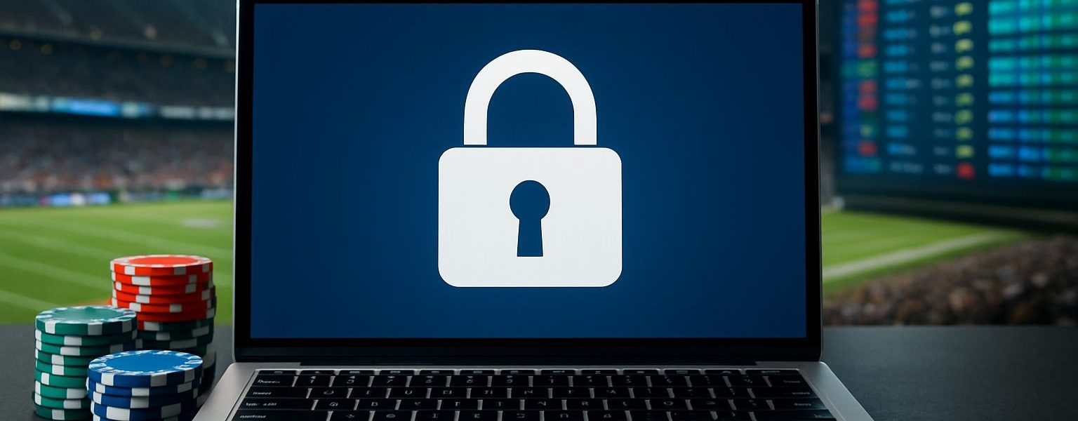 A laptop displaying a padlock symbol with casino chips in the foreground, set against a blurry sports betting screen.