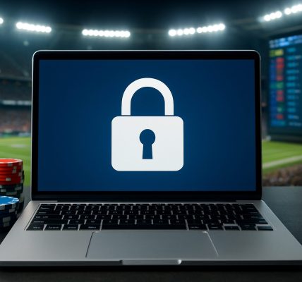 A laptop displaying a padlock symbol with casino chips in the foreground, set against a blurry sports betting screen.