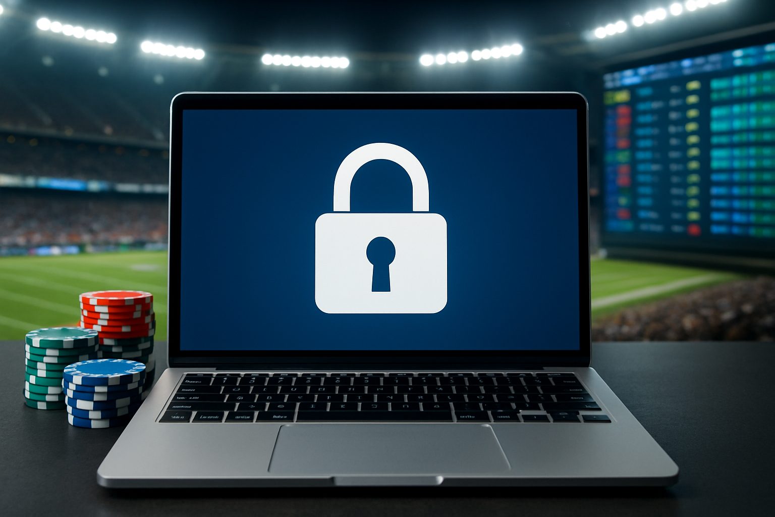 A laptop displaying a padlock symbol with casino chips in the foreground, set against a blurry sports betting screen.