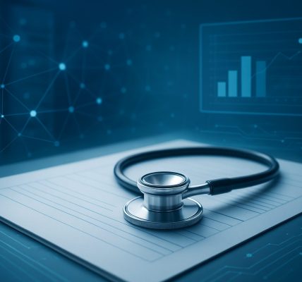 A stethoscope on a blank sheet of paper with abstract digital data graphics in the background.