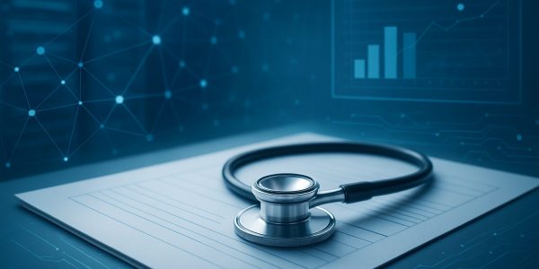 A stethoscope on a blank sheet of paper with abstract digital data graphics in the background.
