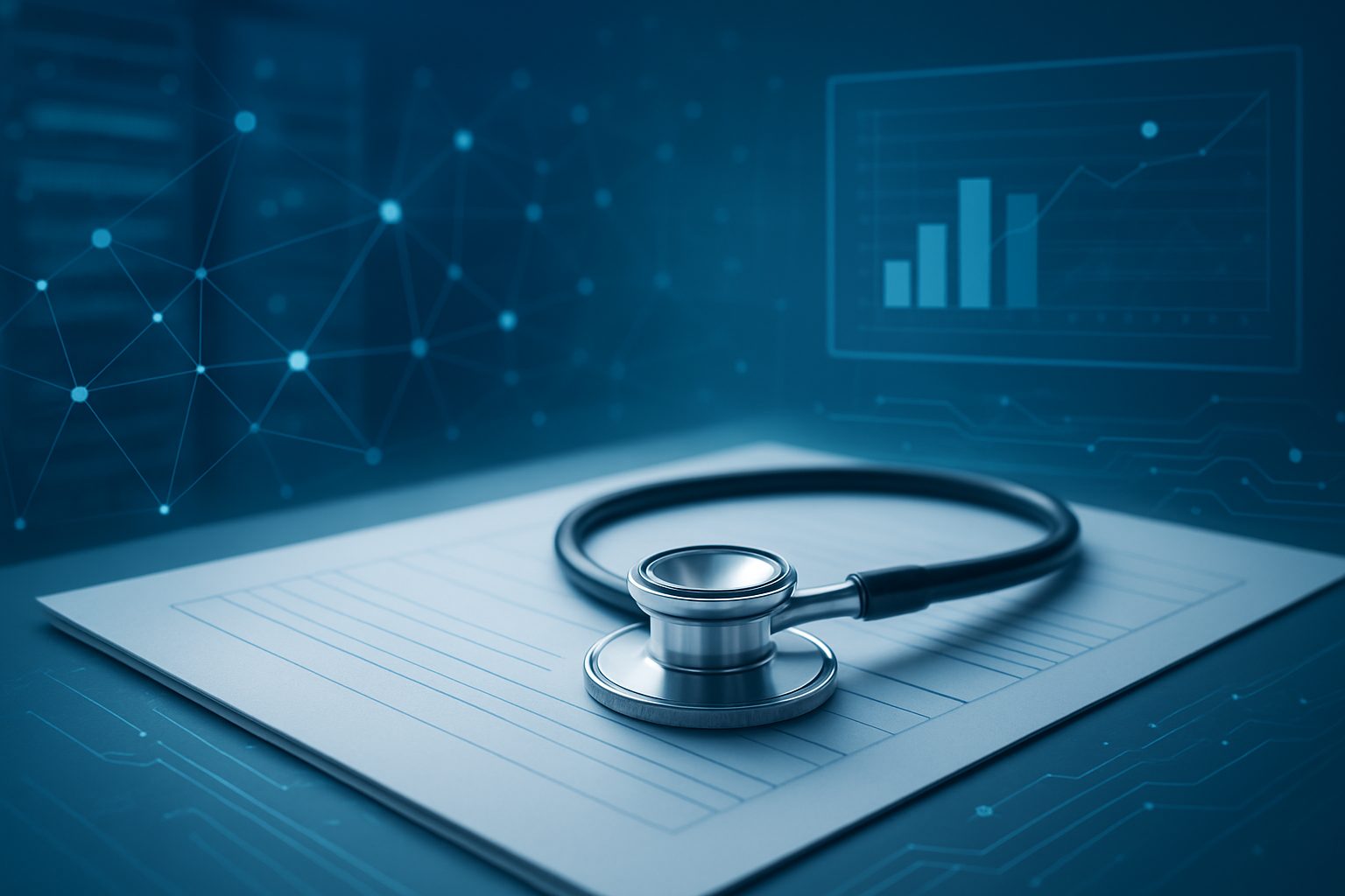 A stethoscope on a blank sheet of paper with abstract digital data graphics in the background.