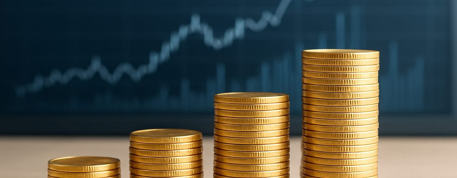 Stacks of gold coins in front of a financial graph indicating upward trends