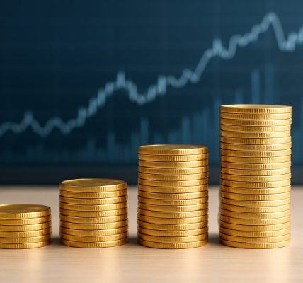 Stacks of gold coins in front of a financial graph indicating upward trends