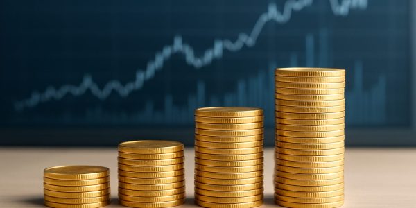 Stacks of gold coins in front of a financial graph indicating upward trends