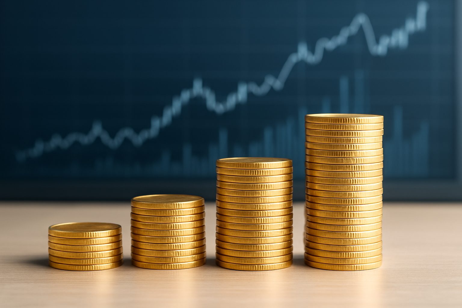 Stacks of gold coins in front of a financial graph indicating upward trends