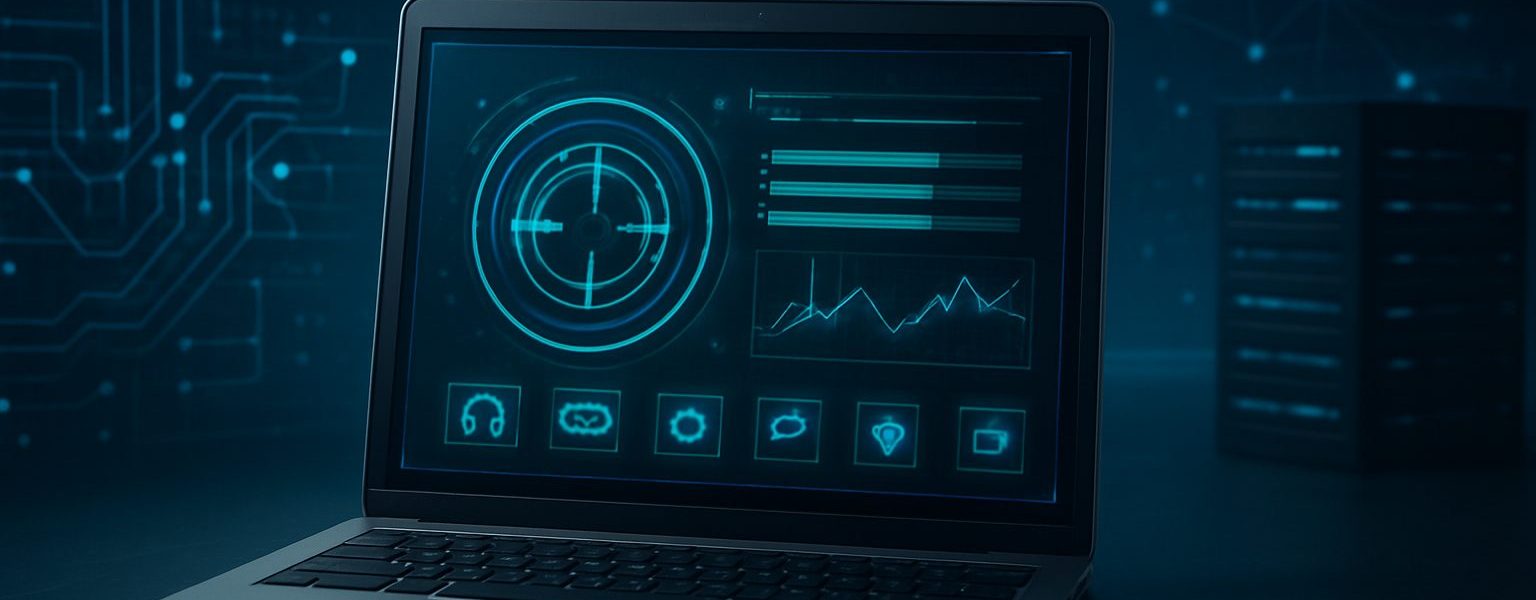 A laptop displaying a digital interface with graphs and icons against a dark background