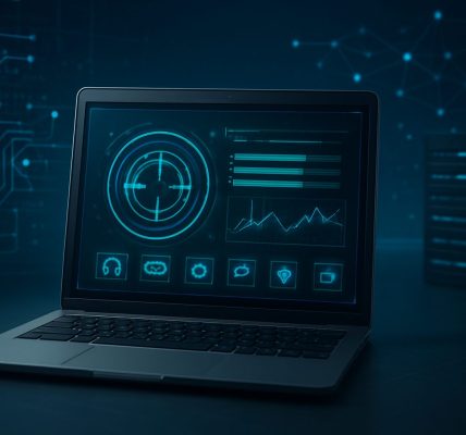 A laptop displaying a digital interface with graphs and icons against a dark background