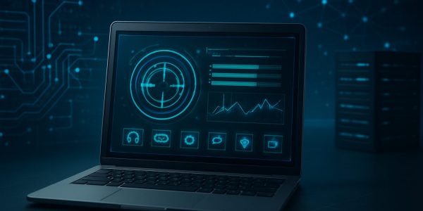A laptop displaying a digital interface with graphs and icons against a dark background