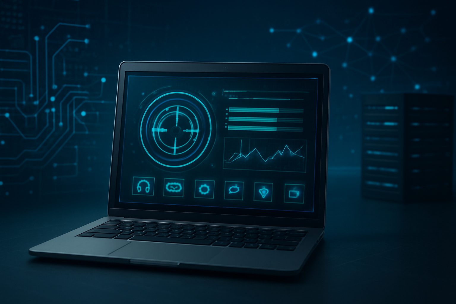A laptop displaying a digital interface with graphs and icons against a dark background